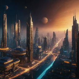 A striking and imaginative image of a Cyberpunk Saturn-based city, piercing the planet's golden-hued surroundings with neon-lit, futuristic architecture, set against the backdrop of Saturn's iconic rings.