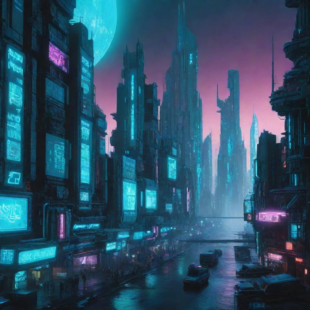 An enchanting image of a Cyberpunk city on Uranus, where the icy cold planet's cyan atmosphere is contrasted with the vivid neon lights of a high-tech futurist city.