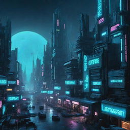 An enchanting image of a Cyberpunk city on Uranus, where the icy cold planet's cyan atmosphere is contrasted with the vivid neon lights of a high-tech futurist city.