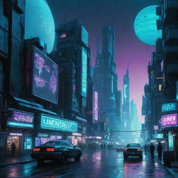 An enchanting image of a Cyberpunk city on Uranus, where the icy cold planet's cyan atmosphere is contrasted with the vivid neon lights of a high-tech futurist city.