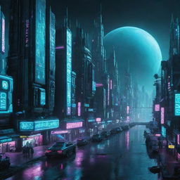 An enchanting image of a Cyberpunk city on Uranus, where the icy cold planet's cyan atmosphere is contrasted with the vivid neon lights of a high-tech futurist city.