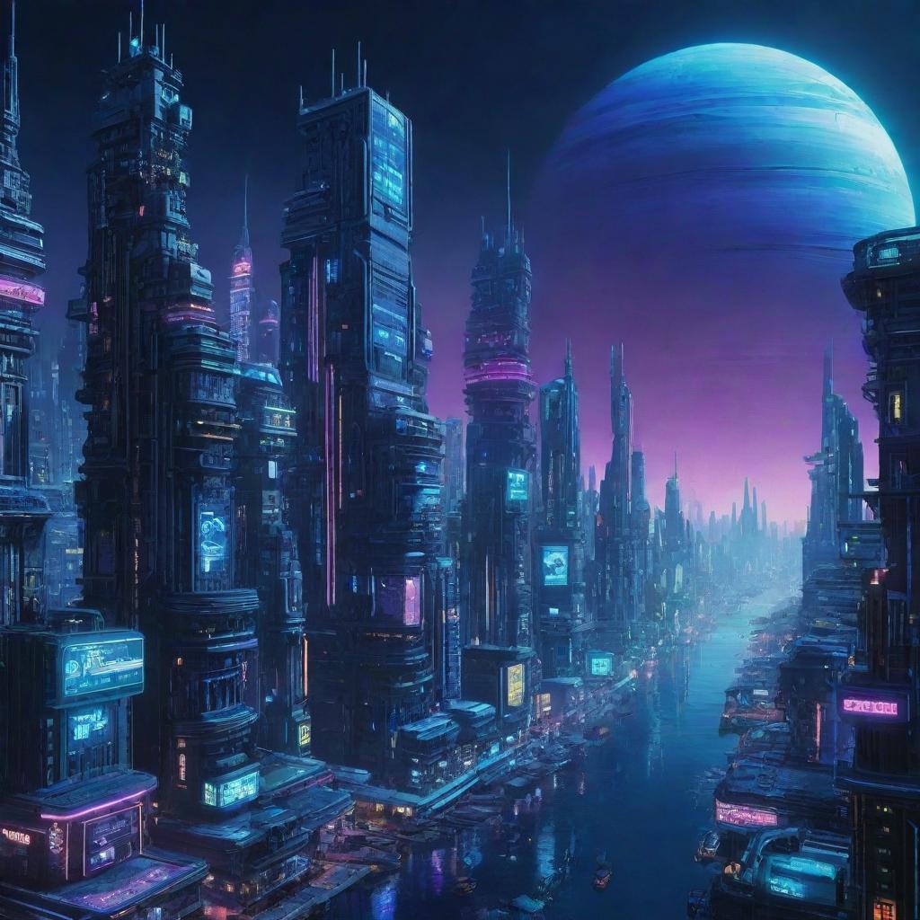 A mesmerizing depiction of a Cyberpunk-style city on Neptune, its futuristic, neon-lit architecture set against the planet's mesmerizing deep blue atmosphere.