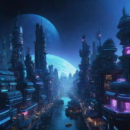 A mesmerizing depiction of a Cyberpunk-style city on Neptune, its futuristic, neon-lit architecture set against the planet's mesmerizing deep blue atmosphere.