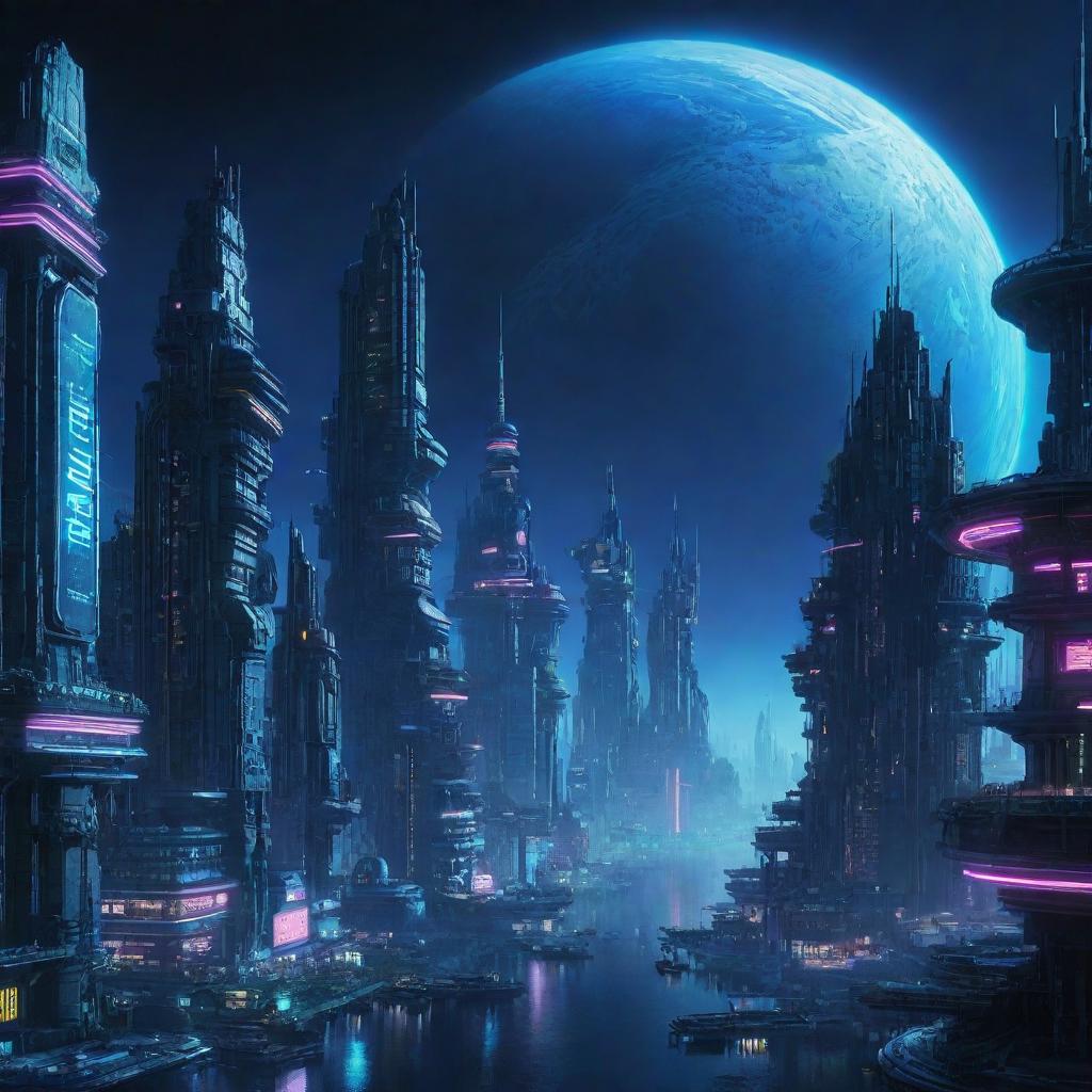 A mesmerizing depiction of a Cyberpunk-style city on Neptune, its futuristic, neon-lit architecture set against the planet's mesmerizing deep blue atmosphere.