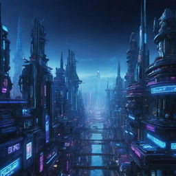 A mesmerizing depiction of a Cyberpunk-style city on Neptune, its futuristic, neon-lit architecture set against the planet's mesmerizing deep blue atmosphere.