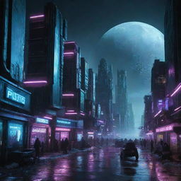 A surreal image of a Cyberpunk city on Pluto. Despite the icy dwarf planet's remote and frigid conditions, vibrant neon lights from futuristic architecture illuminate the surroundings.