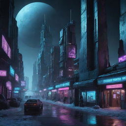 A surreal image of a Cyberpunk city on Pluto. Despite the icy dwarf planet's remote and frigid conditions, vibrant neon lights from futuristic architecture illuminate the surroundings.