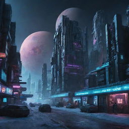 A surreal image of a Cyberpunk city on Pluto. Despite the icy dwarf planet's remote and frigid conditions, vibrant neon lights from futuristic architecture illuminate the surroundings.