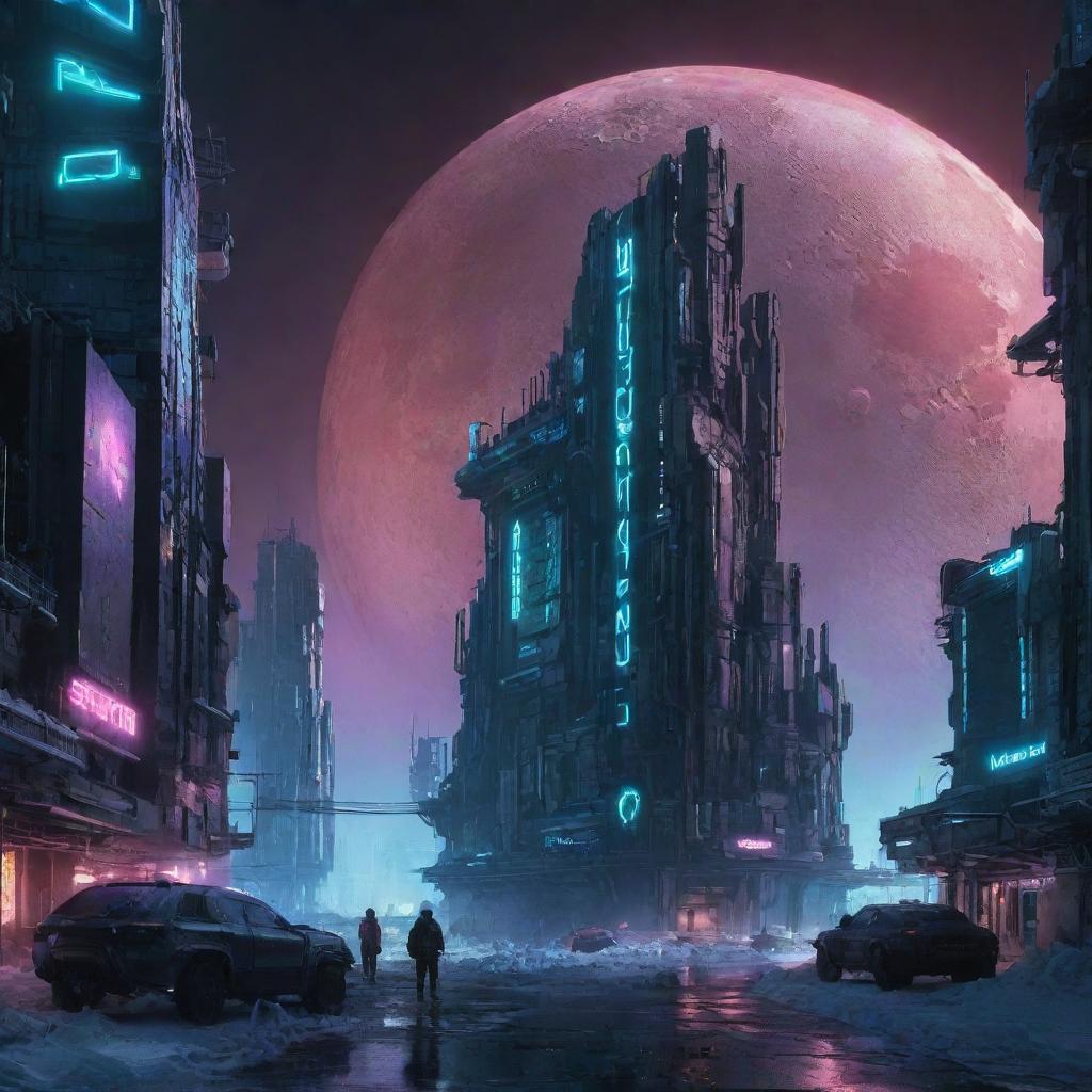 A surreal image of a Cyberpunk city on Pluto. Despite the icy dwarf planet's remote and frigid conditions, vibrant neon lights from futuristic architecture illuminate the surroundings.