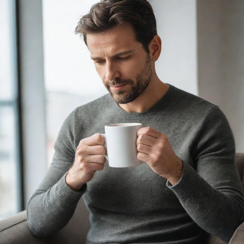 A casually dressed man contentedly sipping hot coffee from a stylish ceramic mug