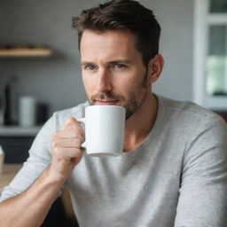 A casually dressed man contentedly sipping hot coffee from a stylish ceramic mug