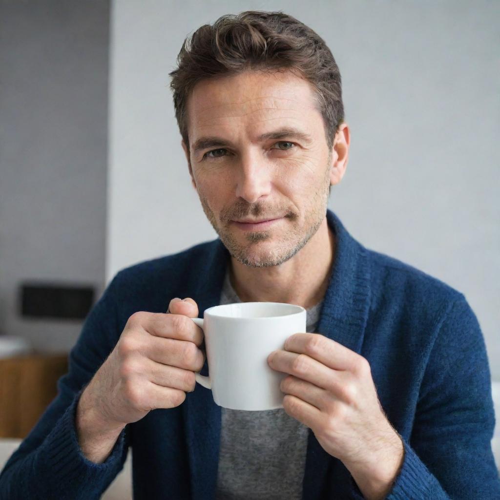 A casually dressed man contentedly sipping hot coffee from a stylish ceramic mug