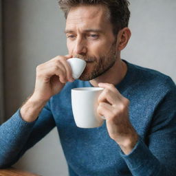 A casually dressed man contentedly sipping hot coffee from a stylish ceramic mug