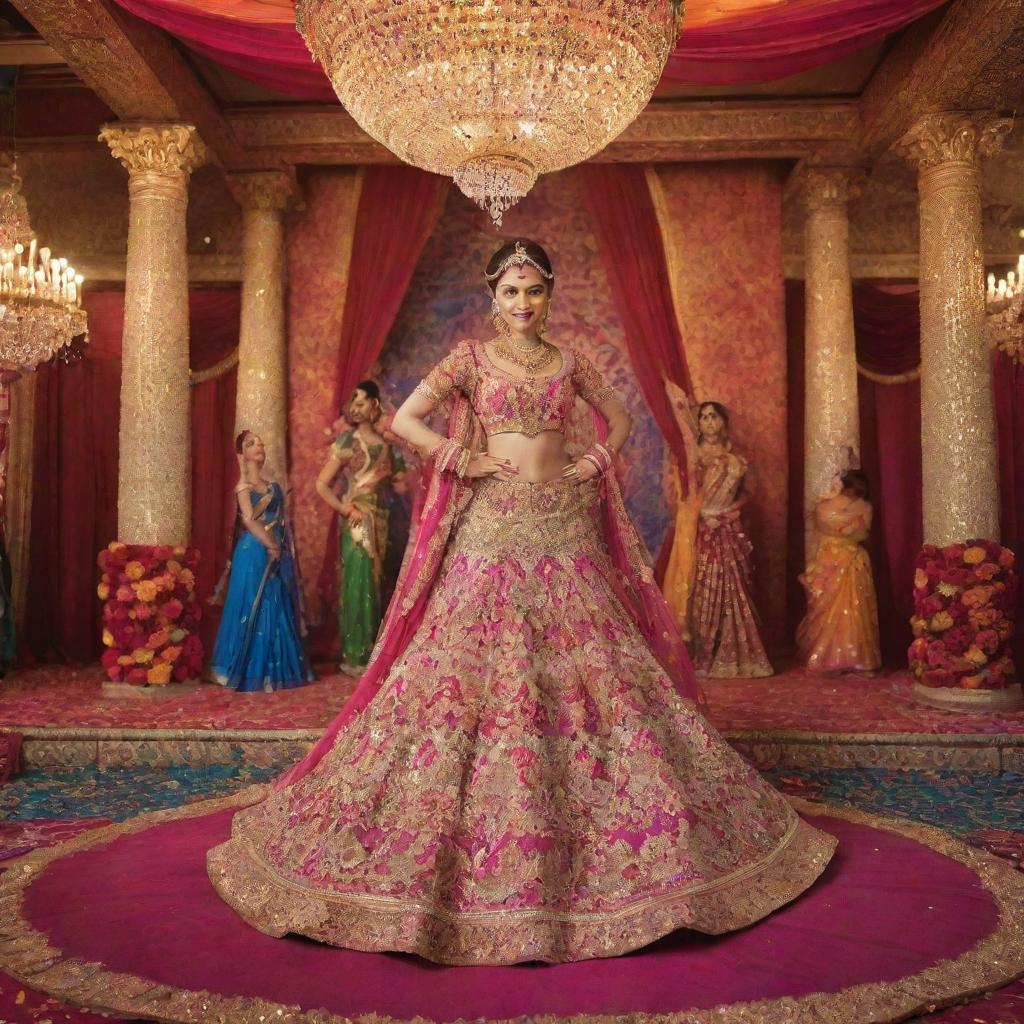 A lavish Bollywood-themed image featuring bright color palettes, traditional Indian decorations, dancers in extravagant costumes, and a sparkling stage