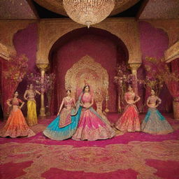 A lavish Bollywood-themed image featuring bright color palettes, traditional Indian decorations, dancers in extravagant costumes, and a sparkling stage