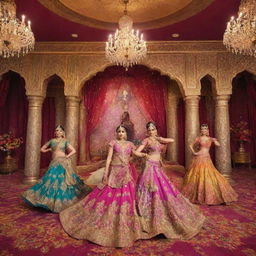 A lavish Bollywood-themed image featuring bright color palettes, traditional Indian decorations, dancers in extravagant costumes, and a sparkling stage