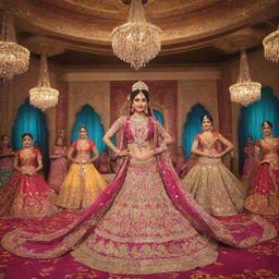 A lavish Bollywood-themed image featuring bright color palettes, traditional Indian decorations, dancers in extravagant costumes, and a sparkling stage