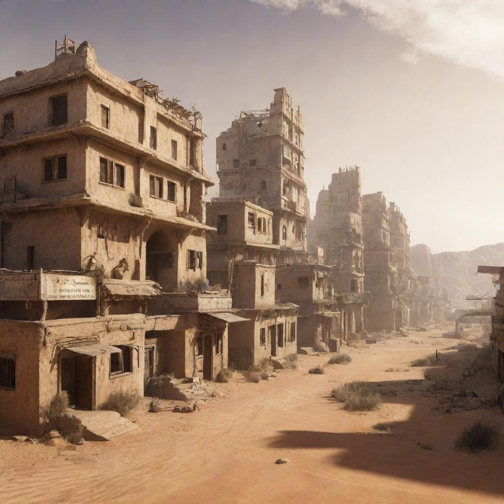 An image of a Desertpunk city, expertly adapted to survive harsh desert conditions, displaying gritty, sand-plastered architecture intermingled with advanced technology.