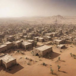 An image of a Desertpunk city, expertly adapted to survive harsh desert conditions, displaying gritty, sand-plastered architecture intermingled with advanced technology.