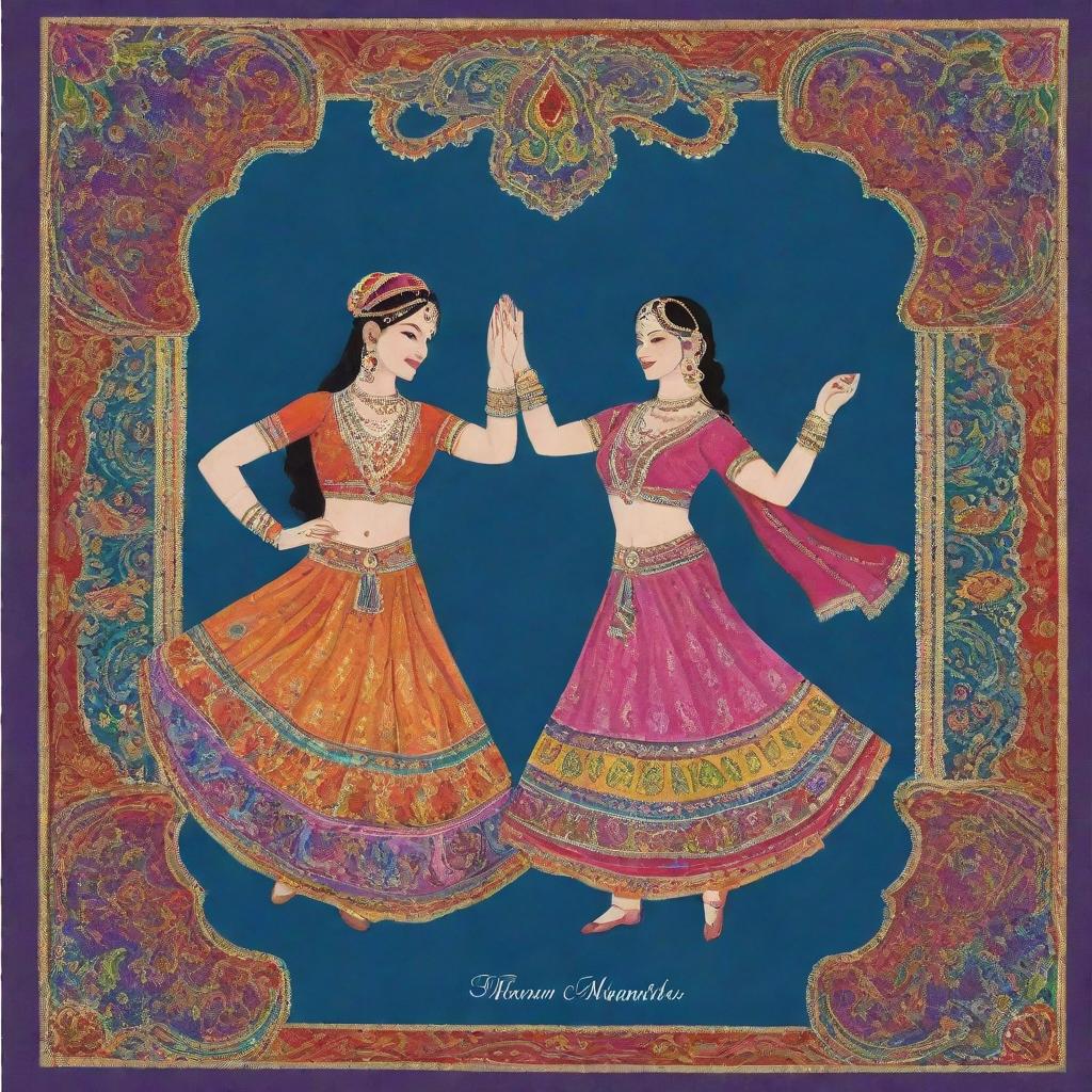 A richly decorated Bollywood-style card, with colorful borders, dancing figures in traditional outfits, bright paisleys, sequins, and a heartfelt greeting in stylish Hindi calligraphy