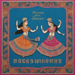 A richly decorated Bollywood-style card, with colorful borders, dancing figures in traditional outfits, bright paisleys, sequins, and a heartfelt greeting in stylish Hindi calligraphy