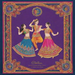 A richly decorated Bollywood-style card, with colorful borders, dancing figures in traditional outfits, bright paisleys, sequins, and a heartfelt greeting in stylish Hindi calligraphy