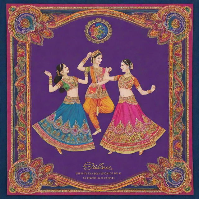 A richly decorated Bollywood-style card, with colorful borders, dancing figures in traditional outfits, bright paisleys, sequins, and a heartfelt greeting in stylish Hindi calligraphy