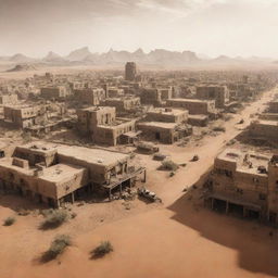 An image of a Desertpunk city, expertly adapted to survive harsh desert conditions, displaying gritty, sand-plastered architecture intermingled with advanced technology.