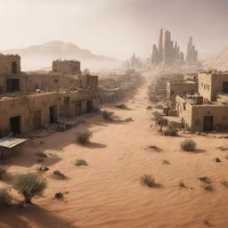 An image of a Desertpunk city, expertly adapted to survive harsh desert conditions, displaying gritty, sand-plastered architecture intermingled with advanced technology.