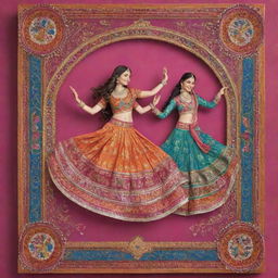 A richly decorated Bollywood-style card, with colorful borders, dancing figures in traditional outfits, bright paisleys, sequins, and a heartfelt greeting in stylish Hindi calligraphy