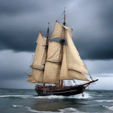 As the storm raged on, the tattered topgallant sail flapped eerily in the wind, adding to the haunting atmosphere.
