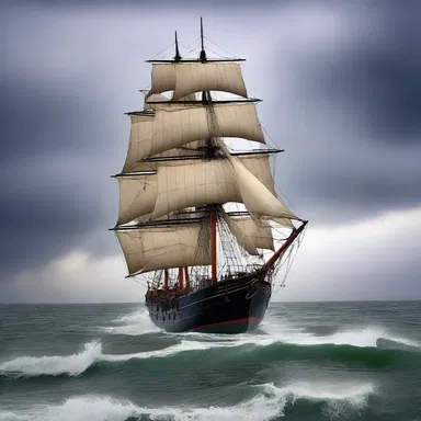 As the storm raged on, the tattered topgallant sail flapped eerily in the wind, adding to the haunting atmosphere.