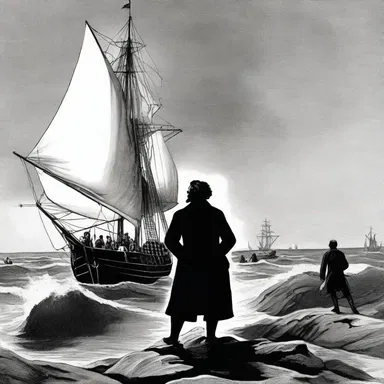 In Herman Melville's novel 'Moby-Dick,' the main character, Captain Ahab, gives a passionate speech while standing beneath the billowing topgallant sail.