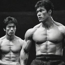 Baki Hanma, a muscular martial artist, looking scared and intimidated by the towering presence of Yujiro Hanma, his muscular and menacing father, in a tense scene.