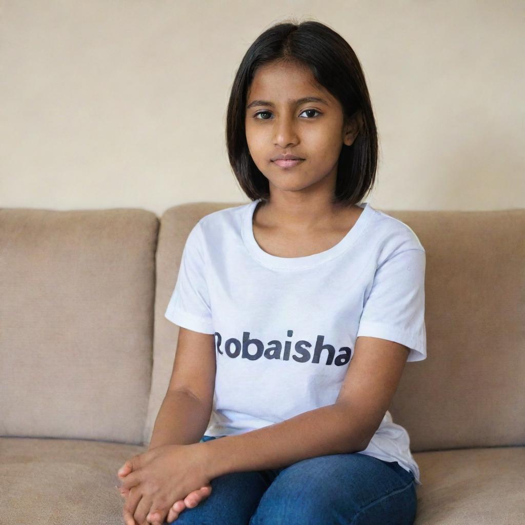 A girl comfortably seated on a sofa, wearing a shirt with the word 'Robaisha' prominently displayed.