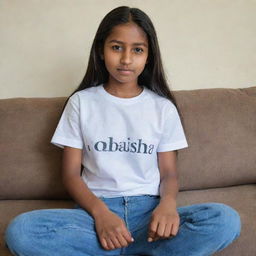 A girl comfortably seated on a sofa, wearing a shirt with the word 'Robaisha' prominently displayed.