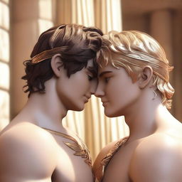 A 3D anime-style image showcasing two handsome boys from Greek mythology, Achilles and Patroclus, in a romantic setting