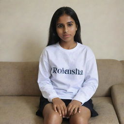 A girl comfortably seated on a sofa, wearing a shirt with the word 'Robaisha' prominently displayed.