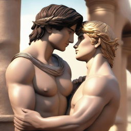 A 3D anime-style image showcasing two handsome boys from Greek mythology, Achilles and Patroclus, in a romantic setting