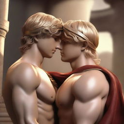 A 3D anime-style image showcasing two handsome boys from Greek mythology, Achilles and Patroclus, in a romantic setting