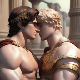 A 3D anime-style image showcasing two handsome boys from Greek mythology, Achilles and Patroclus, in a romantic setting