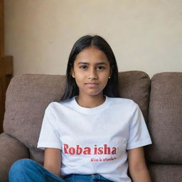 A girl comfortably seated on a sofa, wearing a shirt with the word 'Robaisha' prominently displayed.