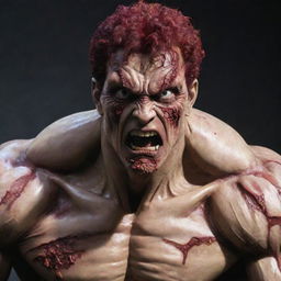 Baki Hanma, the prominent martial artist from anime, depicted in a shocking transformation into a grotesque, undead zombie, bringing horror to the vibrant world of the anime.