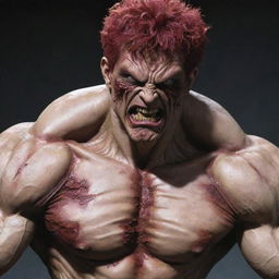 Baki Hanma, the prominent martial artist from anime, depicted in a shocking transformation into a grotesque, undead zombie, bringing horror to the vibrant world of the anime.