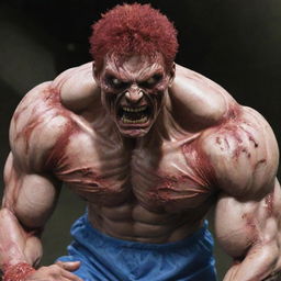 Baki Hanma, the prominent martial artist from anime, depicted in a shocking transformation into a grotesque, undead zombie, bringing horror to the vibrant world of the anime.