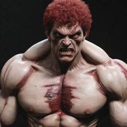 Baki Hanma, the prominent martial artist from anime, depicted in a shocking transformation into a grotesque, undead zombie, bringing horror to the vibrant world of the anime.