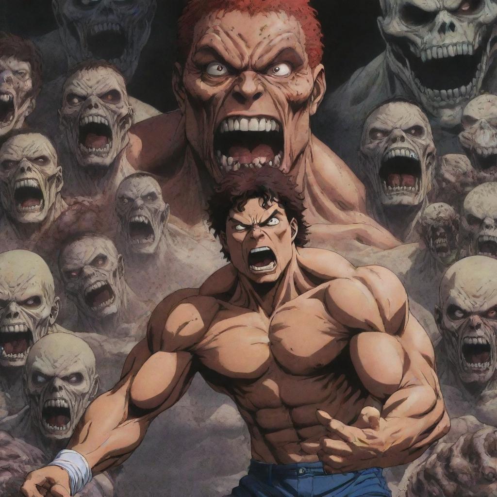 An anime-styled image where Baki Hanma, a well-built martial artist, exhibiting a terrified face in front of menacing, undead zombies, establishing an atmosphere of intense fear.