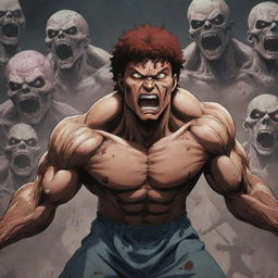 An anime-styled image where Baki Hanma, a well-built martial artist, exhibiting a terrified face in front of menacing, undead zombies, establishing an atmosphere of intense fear.