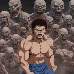 An anime-styled image where Baki Hanma, a well-built martial artist, exhibiting a terrified face in front of menacing, undead zombies, establishing an atmosphere of intense fear.