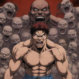 An anime-styled image where Baki Hanma, a well-built martial artist, exhibiting a terrified face in front of menacing, undead zombies, establishing an atmosphere of intense fear.